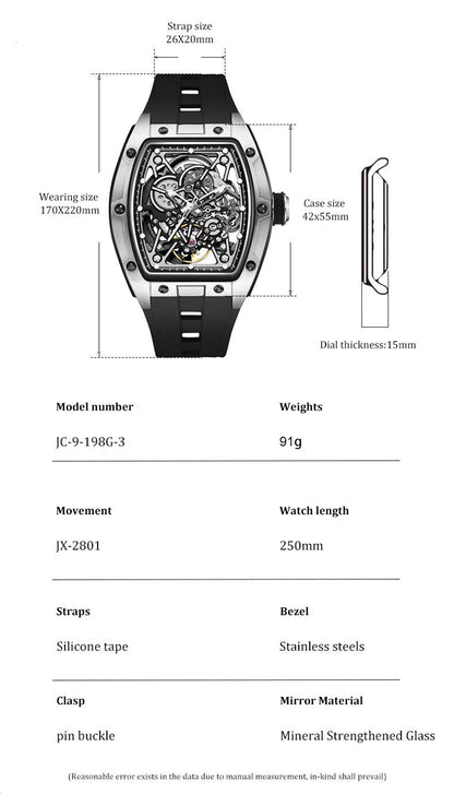 New Men's Mechanical Watch Fashion Hollow Out Automatic Movement Sport Wristwatches Waterproof Silicone Strap Watches 9198-3