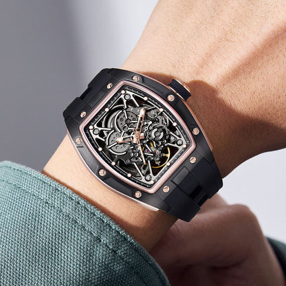 New Men's Mechanical Watch Fashion Hollow Out Automatic Movement Sport Wristwatches Waterproof Silicone Strap Watches 9198-3