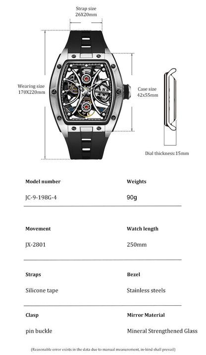 New Men's Sports Watch Fashion Automatic Mechanical Movement Watches Skeleton Luminous Waterproof Business Wristwatches 9198-4