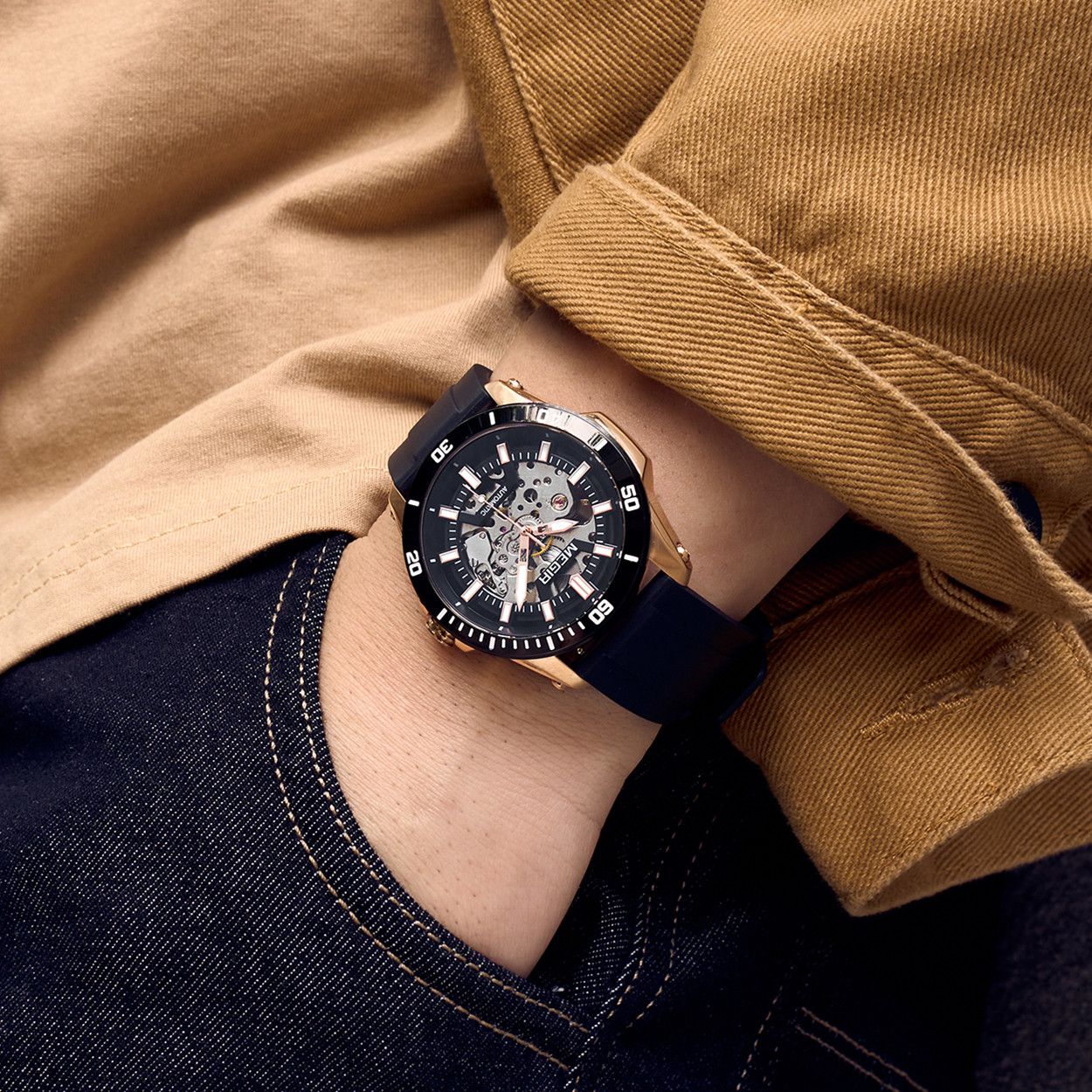 MEGIR Fashion Hollow Out Mechanical Watch for Men Stainless Steel Case Sapphire Full Automatic Wristwatch Relogio Masculino 8605