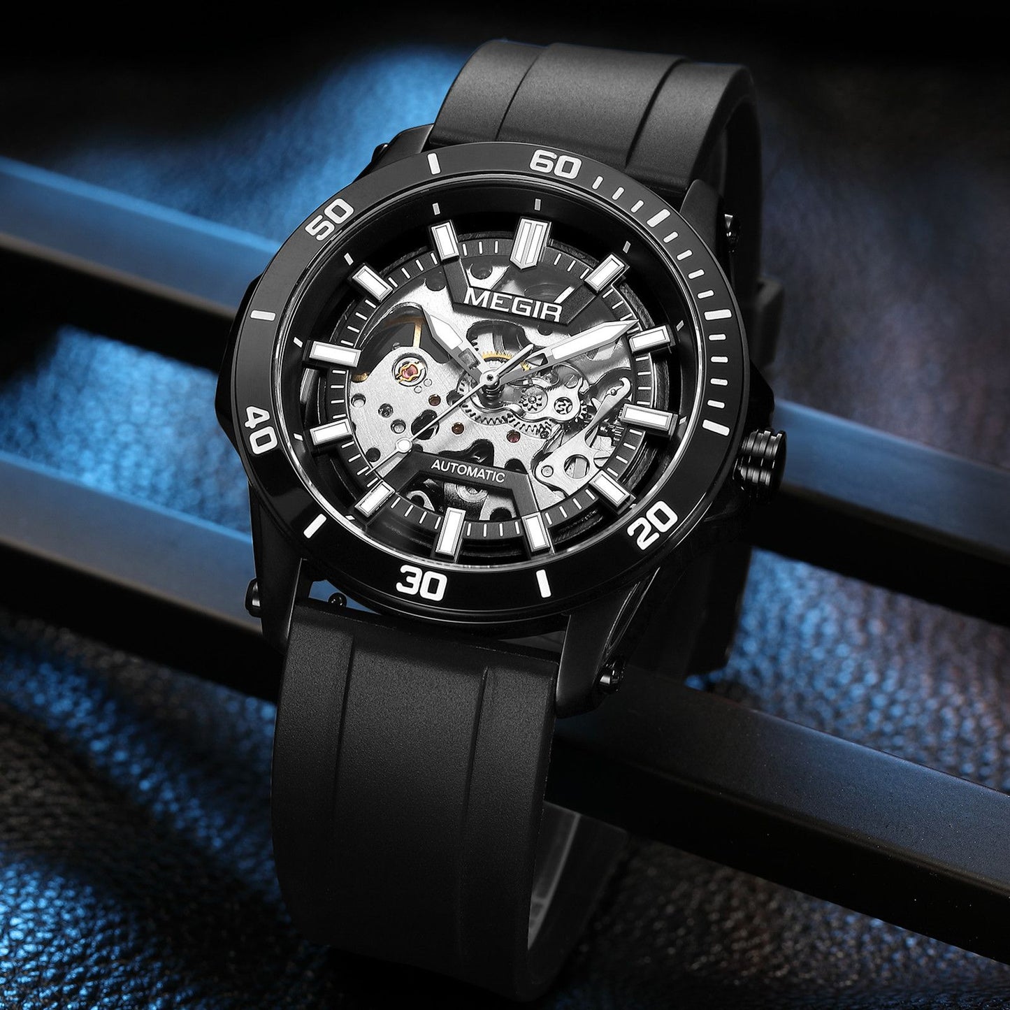 MEGIR Fashion Hollow Out Mechanical Watch for Men Stainless Steel Case Sapphire Full Automatic Wristwatch Relogio Masculino 8605