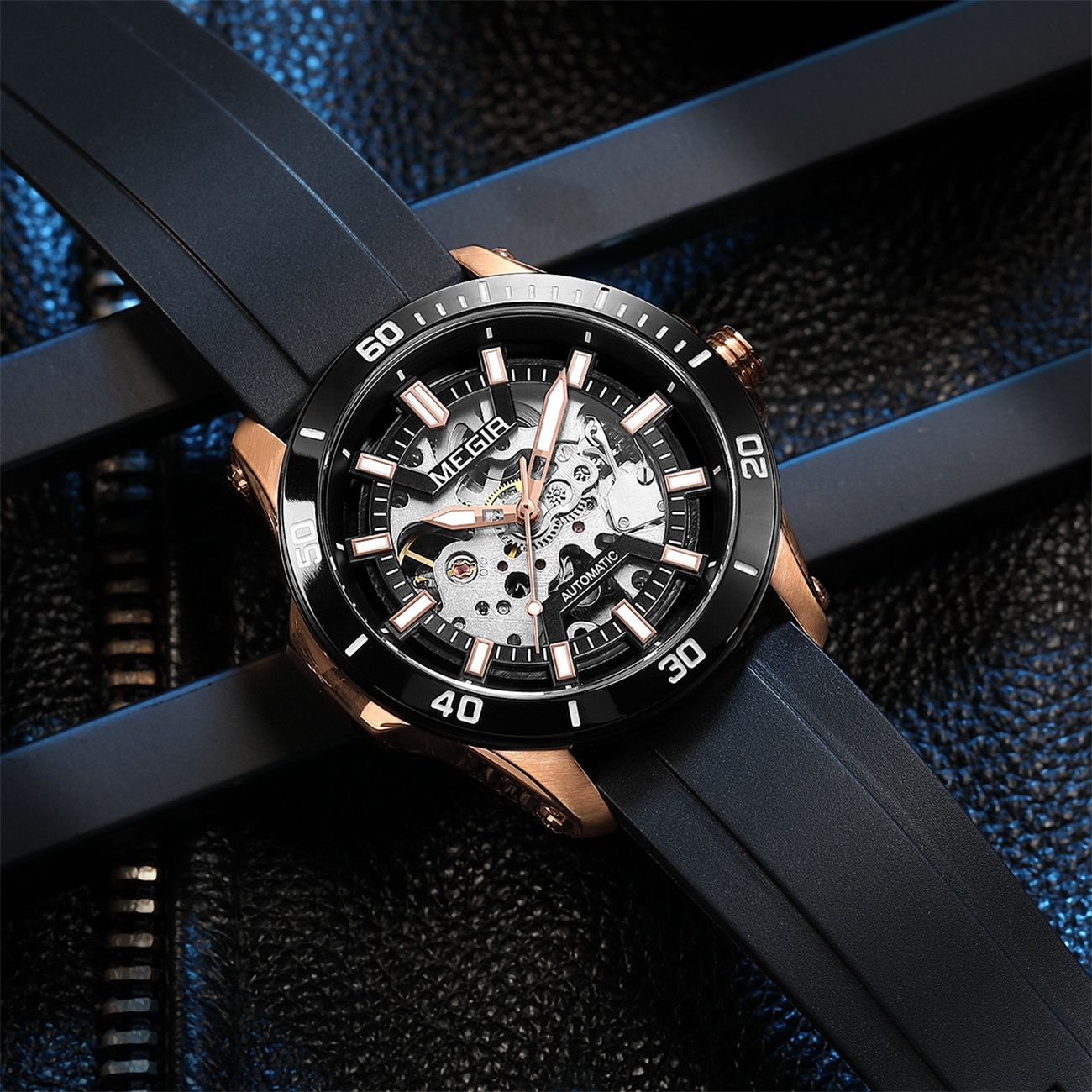 MEGIR Fashion Hollow Out Mechanical Watch for Men Stainless Steel Case Sapphire Full Automatic Wristwatch Relogio Masculino 8605