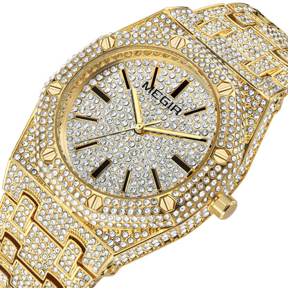 MEGIR Luxury Diamond Men Watches Stainless Steel Band Quartz Wristwatches Waterproof Male Clock Business Watch Reloj Hombre 1091