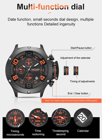 MEGIR Relogio Masculino Luxury Quartz Watch for Men Yellow Silicone Strap Military Sport WristWatch Chronograph with Auto Date