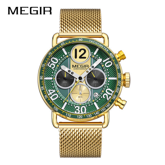 MEGIR Gold Mesh Chronograph Tachymeter Watch 2249