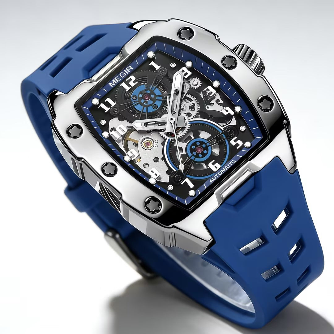 MEGIR New Men Watches Luxury Brand Automatic Mechanical Watch Skeleton Dial Silicone Strap Sports Casual Wristwatch Waterproof Clock Male Gift 8602