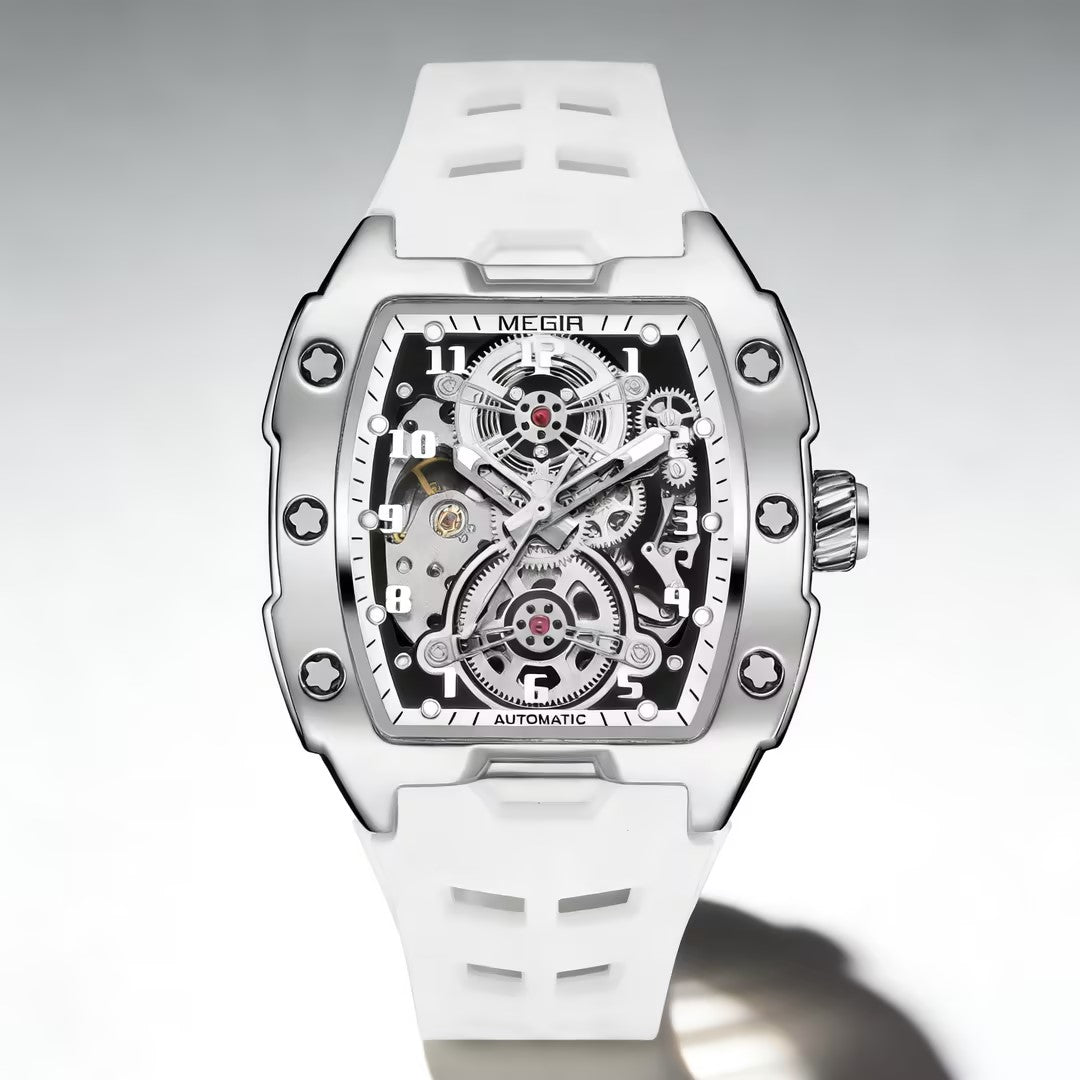 MEGIR New Men Watches Luxury Brand Automatic Mechanical Watch Skeleton Dial Silicone Strap Sports Casual Wristwatch Waterproof Clock Male Gift 8602
