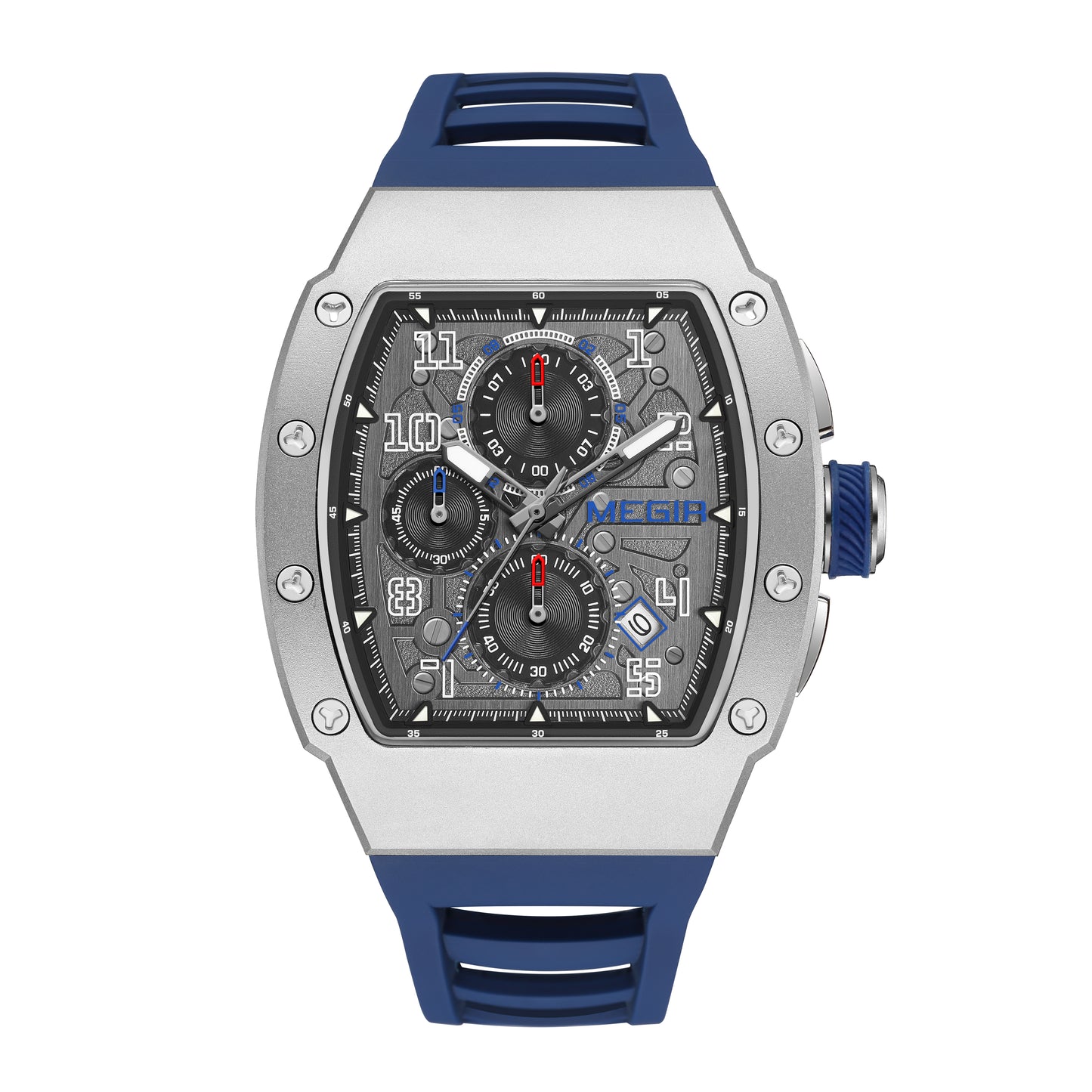 MEGIR Blue Luxury Sport Watch for Men Steel Case Waterproof Luminous Military Quartz Chronograph Big Dial Auto Date Reloj Hombre  8411