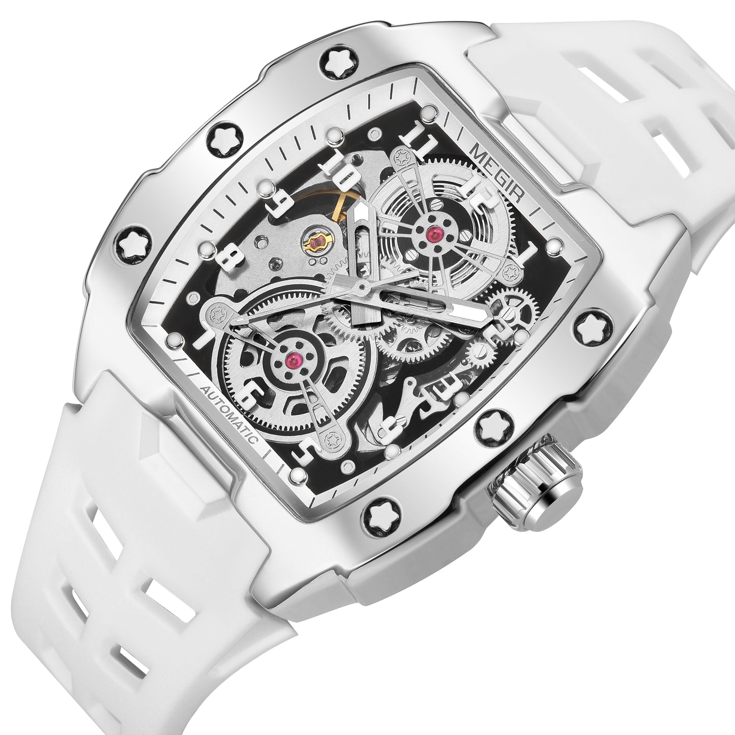 MEGIR New Men Watches Luxury Brand Automatic Mechanical Watch Skeleton Dial Silicone Strap Sports Casual Wristwatch Waterproof Clock Male Gift 8602