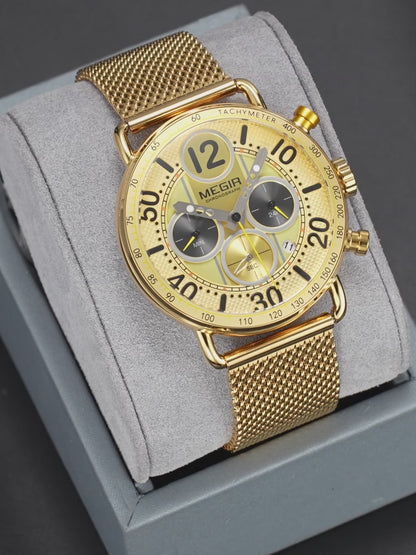 MEGIR Gold Mesh Chronograph Tachymeter Watch 2249